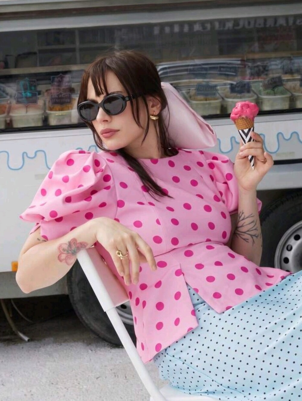 Pink Polka Dot Round Neck Puff Sleeve Waist-Cinching Cropped Backless Top, - Picture 4 of 8